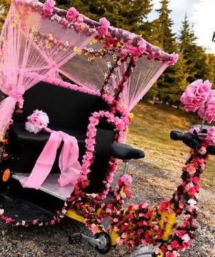 The Pink Adventure Bike, decorated with flowers, on a forest path in Lapland